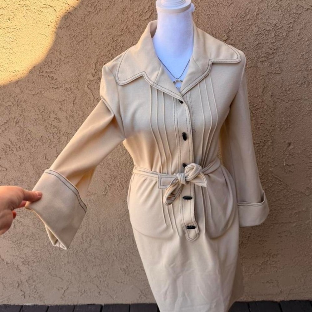 Vintage Butte Knit cream dress with black buttons and tie belt